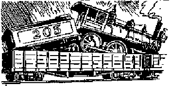 Image of flat car hauling old engine